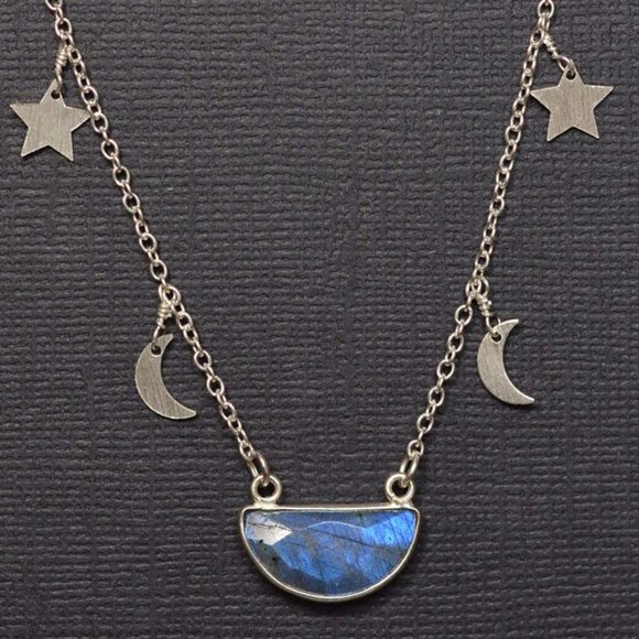 Labradorite Half Moon Pendant on Moon and Star Chain - Picture 1 of 2